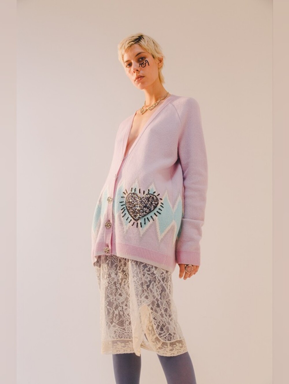 Coach x Keith Haring Wool Cashmere Sequin Heart Cardigan Lavender Size Large